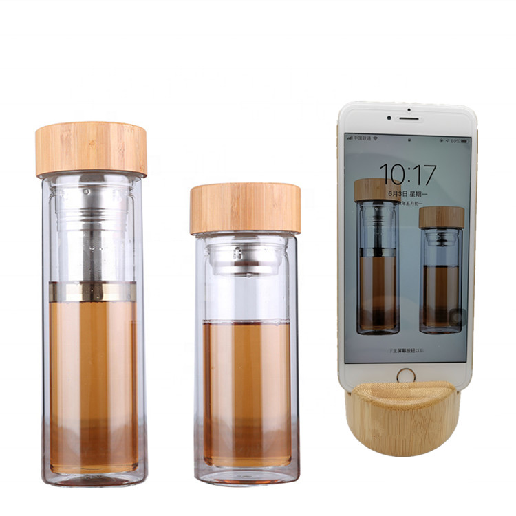 2019 new Style bamboo lid double wall Phone Holder Glass Water Bottles with tea infuser