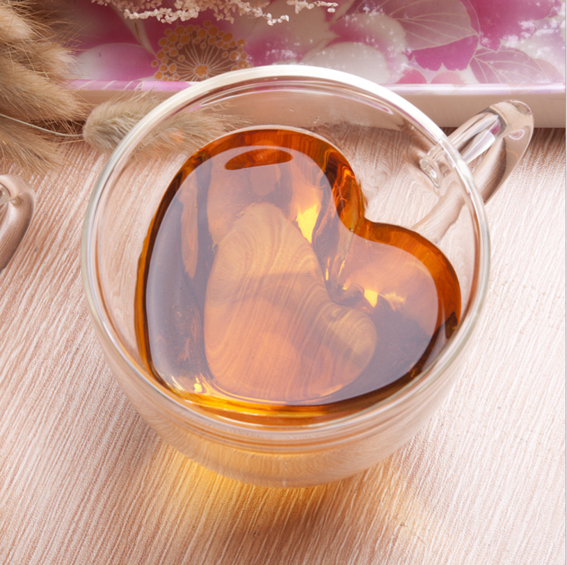 OEM Double wall Coffee Mug heart shaped Glass Teacup Handle Tea Cup for coffee