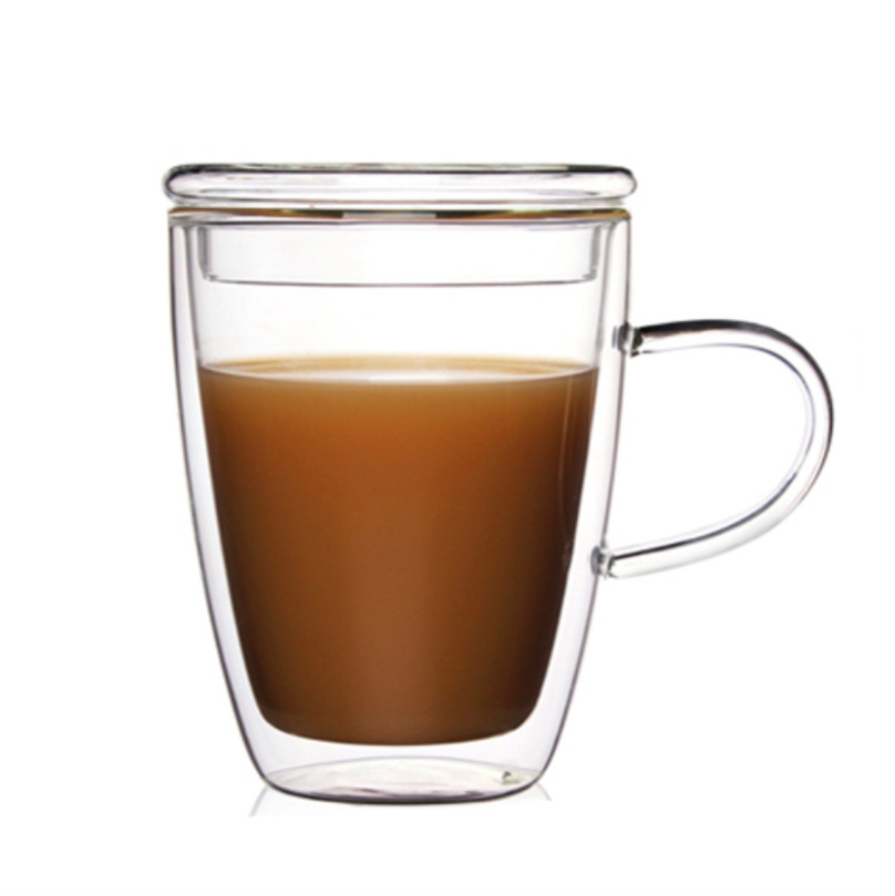 Customized Food safe Double wall Pyrex Glass coffee mug with lid